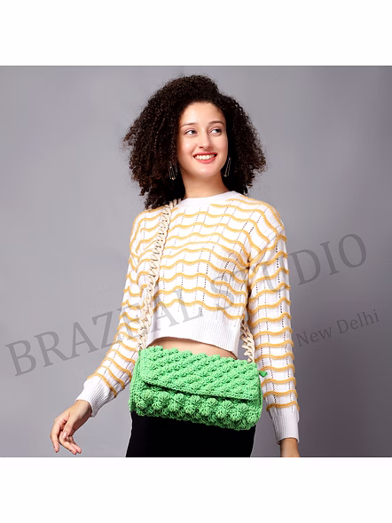Crochet Flap Shoulder Bag - Green Crochet Shoulder Bag With Flap Front And Chunky Chain-style Strap-2
