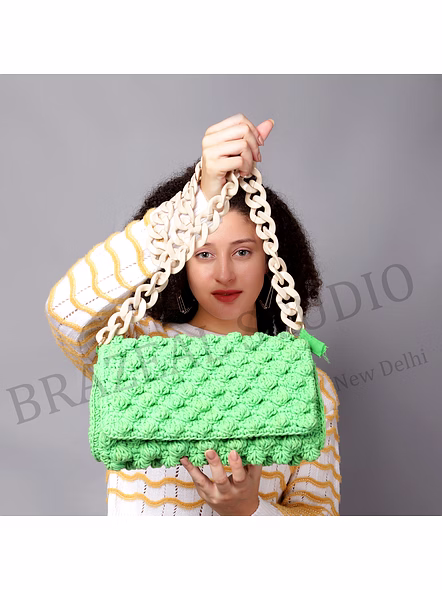 Crochet Flap Shoulder Bag - Green Crochet Shoulder Bag With Flap Front And Chunky Chain-style Strap-3