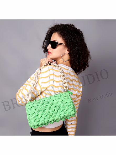 Crochet Flap Shoulder Bag - Green Crochet Shoulder Bag With Flap Front And Chunky Chain-style Strap-4