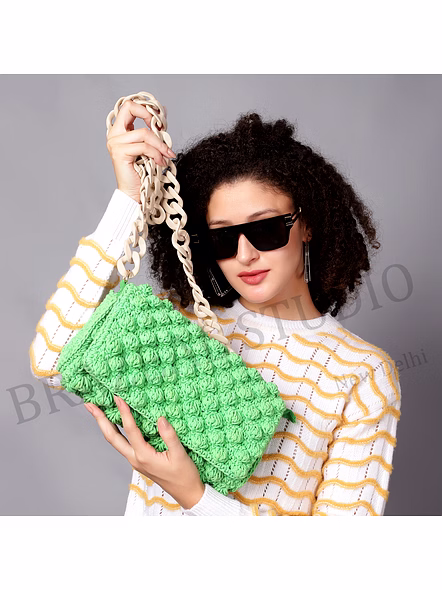 Crochet Flap Shoulder Bag - Green Crochet Shoulder Bag With Flap Front And Chunky Chain-style Strap-5