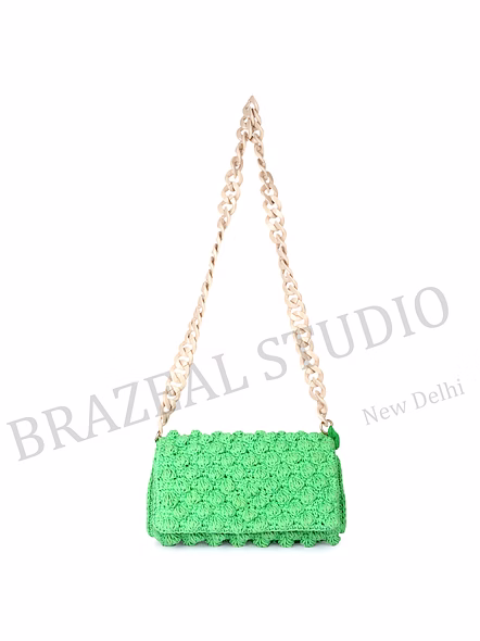 Crochet Flap Shoulder Bag - Green Crochet Shoulder Bag With Flap Front And Chunky Chain-style Strap-6