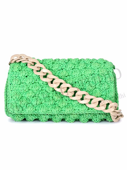 Crochet Flap Shoulder Bag - Green Crochet Shoulder Bag With Flap Front And Chunky Chain-style Strap-7