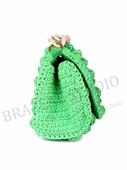 Crochet Flap Shoulder Bag - Green Crochet Shoulder Bag With Flap Front And Chunky Chain-style Strap-9