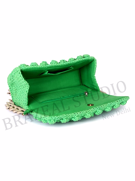 Crochet Flap Shoulder Bag - Green Crochet Shoulder Bag With Flap Front And Chunky Chain-style Strap-10