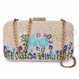 beaded box clutch with floral motif - beige beaded box clutch with blue floral pattern and gold chain