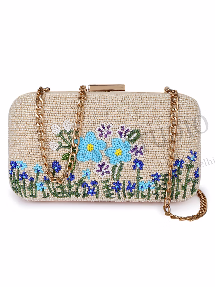 Beaded Box Clutch With Floral Motif - Beige Beaded Box Clutch With Blue Floral Pattern And Gold Chain