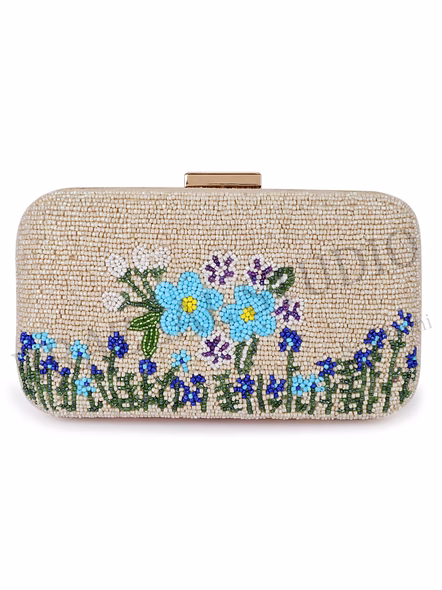 Beaded Box Clutch With Floral Motif - Beige Beaded Box Clutch With Blue Floral Pattern And Gold Chain