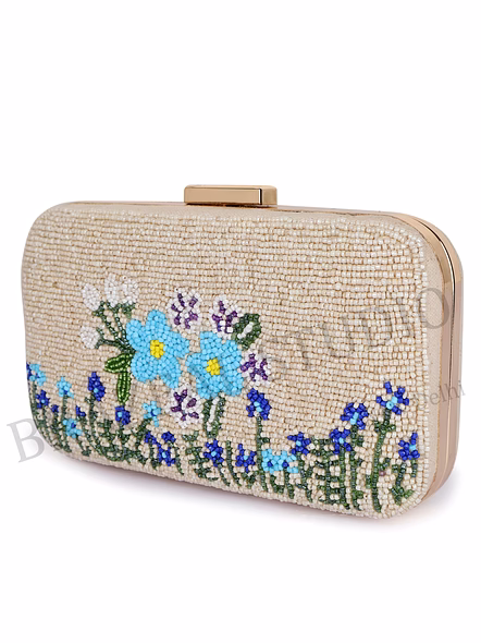 Beaded Box Clutch With Floral Motif - Beige Beaded Box Clutch With Blue Floral Pattern And Gold Chain-2