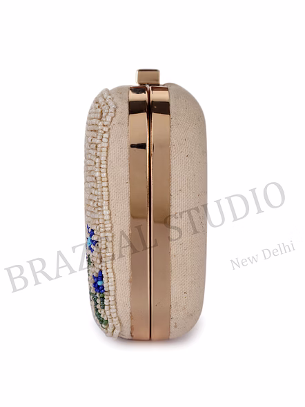 Beaded Box Clutch With Floral Motif - Beige Beaded Box Clutch With Blue Floral Pattern And Gold Chain-3