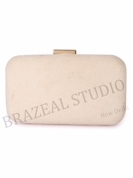 Beaded Box Clutch With Floral Motif - Beige Beaded Box Clutch With Blue Floral Pattern And Gold Chain-4