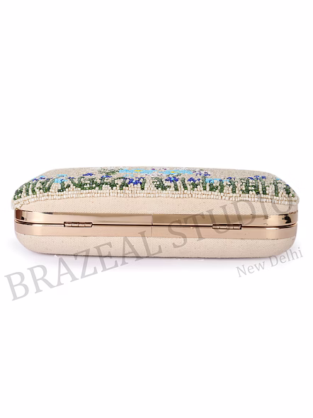 Beaded Box Clutch With Floral Motif - Beige Beaded Box Clutch With Blue Floral Pattern And Gold Chain-5