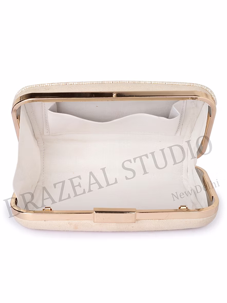 Beaded Box Clutch With Floral Motif - Beige Beaded Box Clutch With Blue Floral Pattern And Gold Chain-6