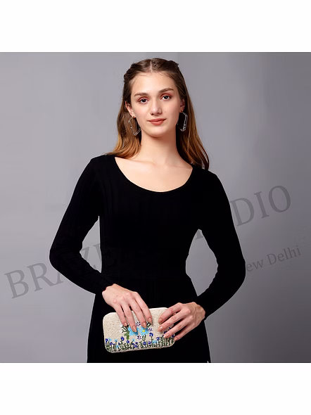 Beaded Box Clutch With Floral Motif - Beige Beaded Box Clutch With Blue Floral Pattern And Gold Chain-9