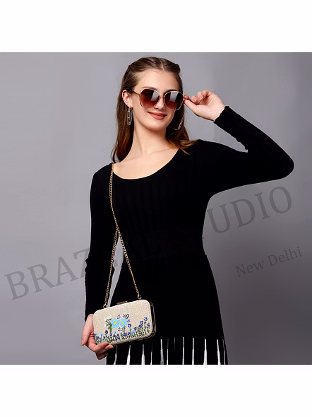 Beaded Box Clutch With Floral Motif - Beige Beaded Box Clutch With Blue Floral Pattern And Gold Chain-10