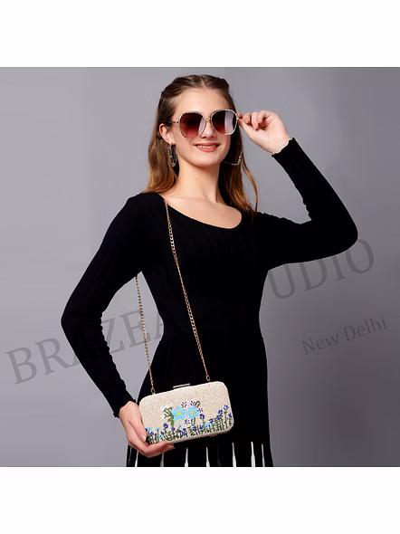 Beaded Box Clutch With Floral Motif - Beige Beaded Box Clutch With Blue Floral Pattern And Gold Chain-11