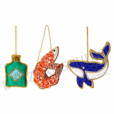 beaded hanging ornament set - three-piece set with gin bottle, shrimp, and whale motifs