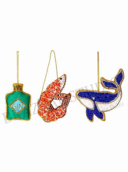 Beaded Hanging Ornament Set - Three-piece Set With Gin Bottle, Shrimp, And Whale Motifs
