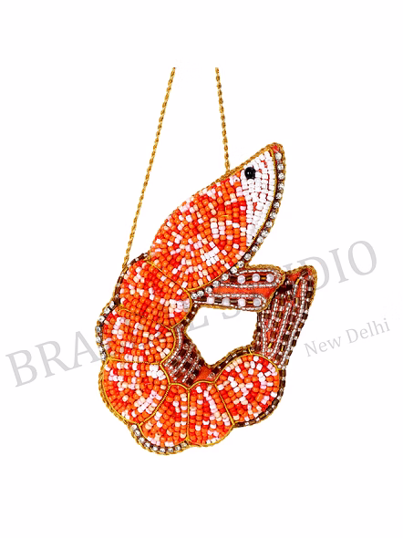 Beaded Shrimp Hanging Ornament - Orange Beaded Shrimp Ornament With Hanging Loop