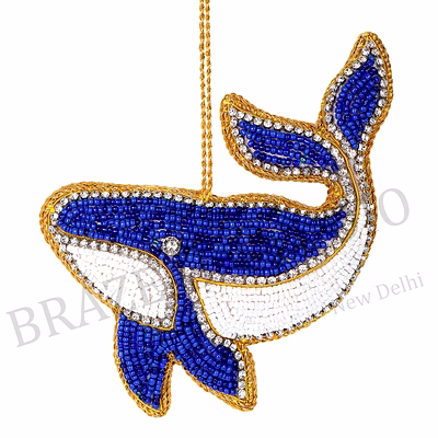 beaded whale hanging ornament - blue and white beaded whale ornament with hanging loop and rhinestone-like accents