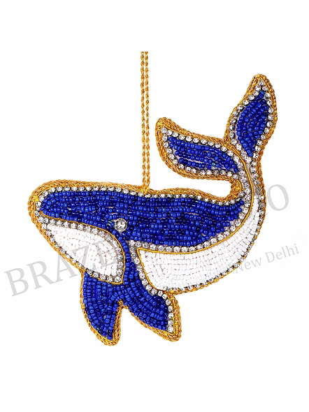 Beaded Whale Hanging Ornament - Blue And White Beaded Whale Ornament With Hanging Loop And Rhinestone-like Accents