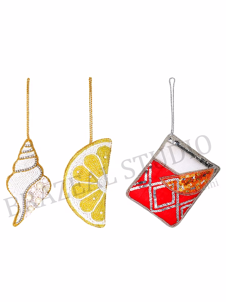 Assorted Hanging Ornament Set - Three-piece Set With Shell, Citrus Slice, And Envelope Motifs
