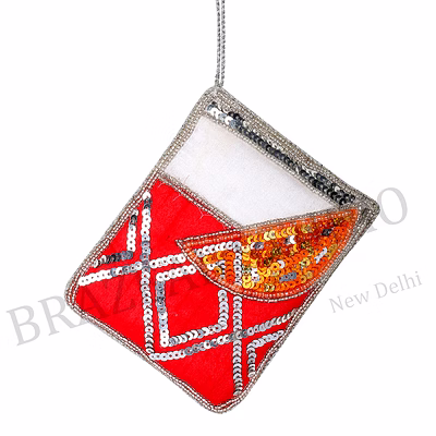 sequin envelope hanging ornament - red envelope motif ornament with orange-slice detail and hanging loop