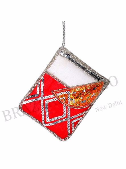 Sequin Envelope Hanging Ornament - Red Envelope Motif Ornament With Orange-slice Detail And Hanging Loop
