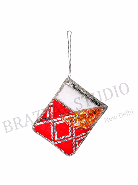 Sequin Envelope Hanging Ornament - Red Envelope Motif Ornament With Orange-slice Detail And Hanging Loop