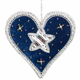 handmade embroidered beaded velvet satin fabric decorations ornaments hearts stars balls lion bear giraffe sparrow