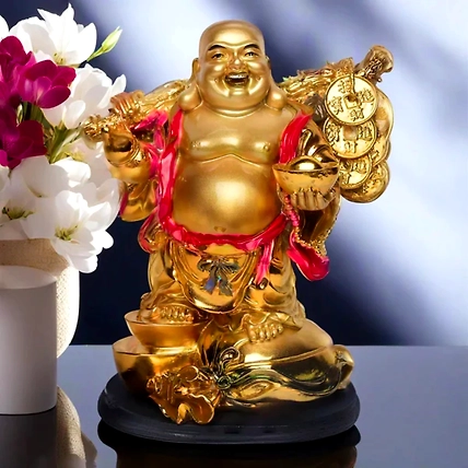 VIVARS HOME Polyresin Golden Laughing Buddha with Coins and Money Bag-12438888