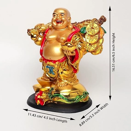 VIVARS HOME Polyresin Golden Laughing Buddha with Coins and Money Bag-1