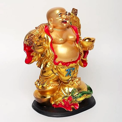 VIVARS HOME Polyresin Golden Laughing Buddha with Coins and Money Bag-3