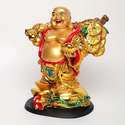 VIVARS HOME Polyresin Golden Laughing Buddha with Coins and Money Bag-2
