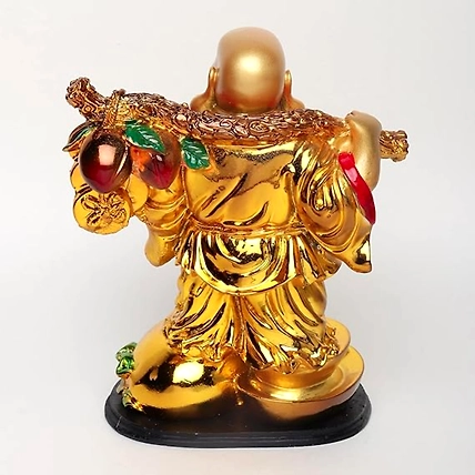 VIVARS HOME Polyresin Golden Laughing Buddha with Coins and Money Bag-4