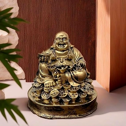 VIVARS HOME Resin Fengshui Figurine Laughing Buddha Sitting on Luck Money-12438892