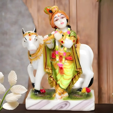 VIVARS HOME Marble Dust Lord Krishna with Cow Idol Statue-12438958