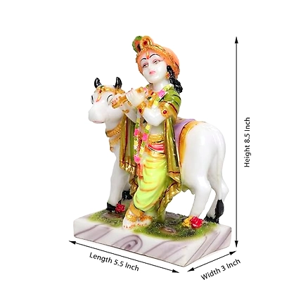VIVARS HOME Marble Dust Lord Krishna with Cow Idol Statue-1