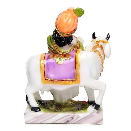 VIVARS HOME Marble Dust Lord Krishna with Cow Idol Statue-4