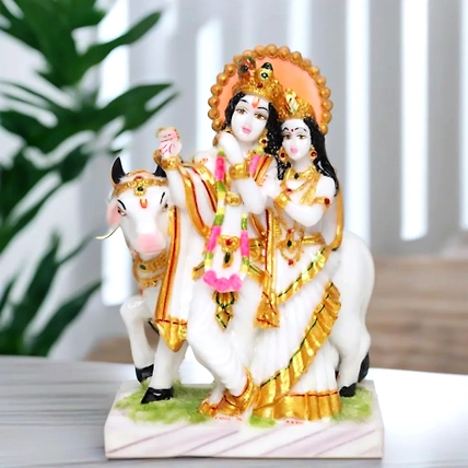 VIVARS HOME Marble Dust Radha Krishna with Cow Idol Statue-12441486