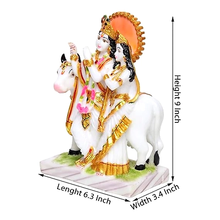 VIVARS HOME Marble Dust Radha Krishna with Cow Idol Statue-1