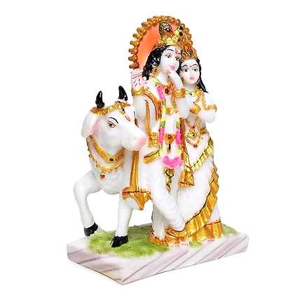 VIVARS HOME Marble Dust Radha Krishna with Cow Idol Statue-2