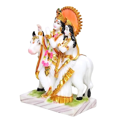 VIVARS HOME Marble Dust Radha Krishna with Cow Idol Statue-3