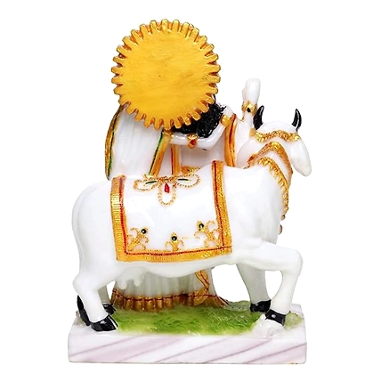 VIVARS HOME Marble Dust Radha Krishna with Cow Idol Statue-4