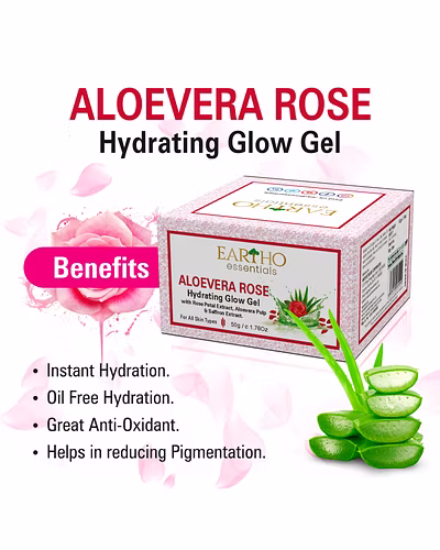 Eartho Essentials Aloevera Rose Hydrating Glow Gel with Rose Ark, Aloevera Pulp &amp; Saffron Extract 50g-3