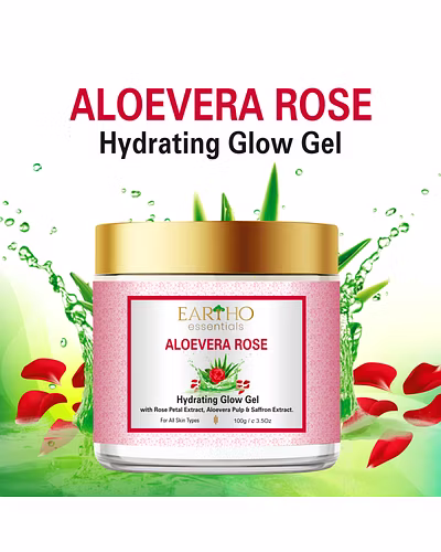 Eartho Essentials Aloevera Rose Hydrating Glow Gel with Rose Ark, Aloevera Pulp &amp; Saffron Extract 100g-12425210