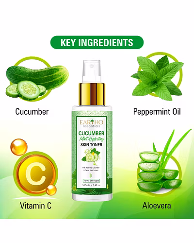 Eartho Essentials Cucumber Mint Skin Hydrating Toner - Alcohol-Free Face Toner for Open Pores, Acne Prone, Oily and Blemish Prone Skin with Aloe Vera, Vitamin C and Carrot Seed Extracts, 100 ML-1