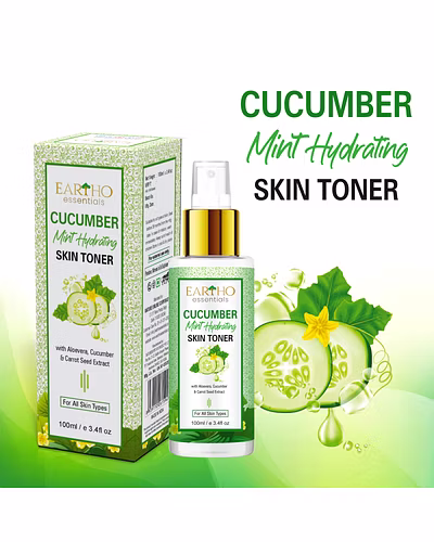 Eartho Essentials Cucumber Mint Skin Hydrating Toner - Alcohol-Free Face Toner for Open Pores, Acne Prone, Oily and Blemish Prone Skin with Aloe Vera, Vitamin C and Carrot Seed Extracts, 100 ML-12425220