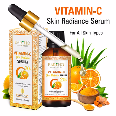 eartho essentials 20% vitamin c skin radiance ayurvedic serum with turmeric and aloevera extracts for face brightening and glowing skin with vitamin e, 30 ml