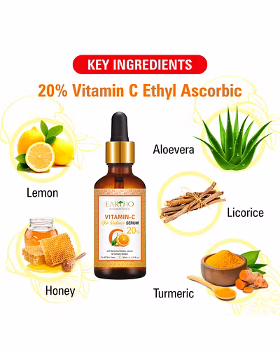 Eartho Essentials 20% Vitamin C Skin Radiance Ayurvedic Serum with Turmeric and Aloevera Extracts for Face Brightening and Glowing Skin with Vitamin E, 30 ML-1
