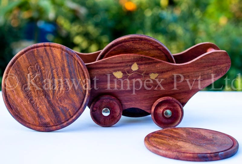 Wooden Trolly Shape Coasters Set with 6 Coaster Plate Brass Embedded Design Coaster-KanwatImpex021